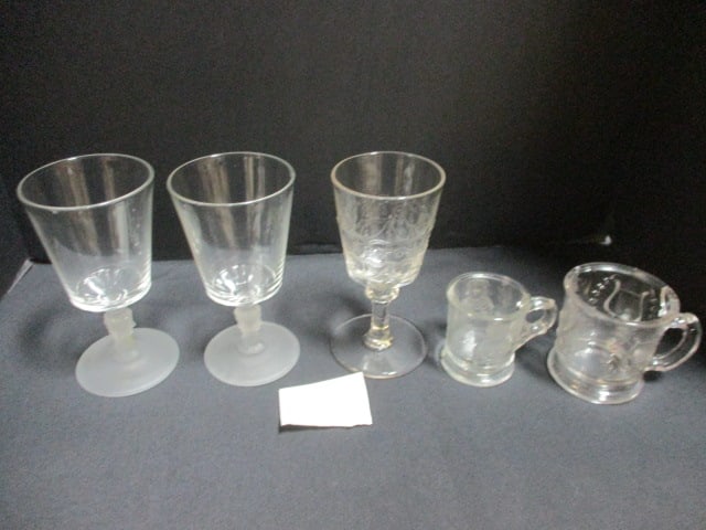Five Antique Early American Pressed Glass Goblets and Cups: . 