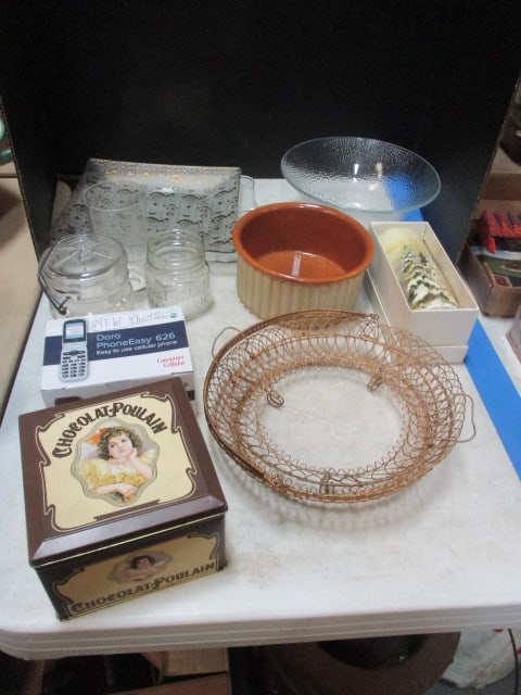 Misc. Lot-Chocolate Tin, Wire Pie Plate Trivets, Stoneware Baker, Glass Serving Pieces, etc. (1 of 13)
