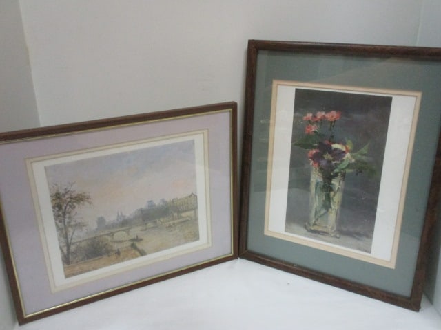 Small Framed and Matted Manet and Pissarro Prints: "The Seine and the Louvre" by Pissarro-14" x 11 1/4", "Pinks and Clematis in a Crystal Vase" by Manet 