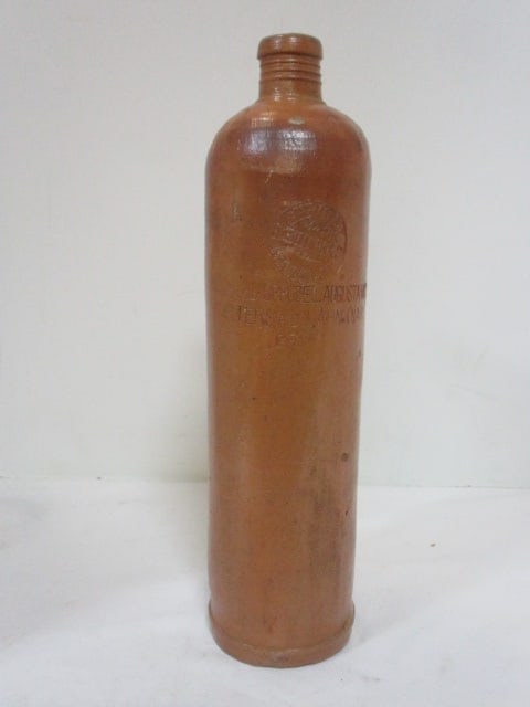 Antique Sprudel Selters Stoneware Liquor Bottle with Applied Handle: 11 3/4"h 