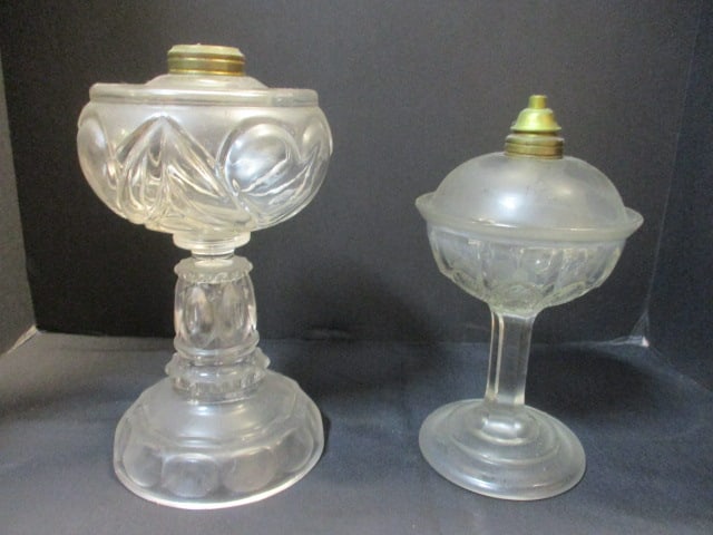 Two Vintage Clear Glass Oil Lamp Oil Font Posts: 9 1/2", 10 1/2"h 