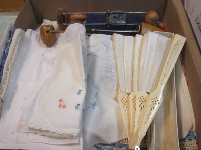 Grouping of Vintage Ladies Handkerchiefs, Hand Fan and Shoe Stretchers: . 