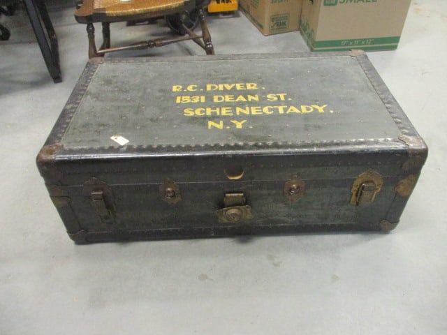 Vintage Foot Locker Trunk: 37" x 21" x 12", handles have age/use wear, lock has been pulled out, owner's name is stenciled on top, see all pictures and preview for condition, Local Pickup Only 