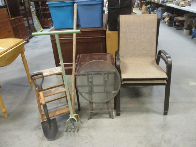 Pair of Stacking Patio Chairs, Metal Mesh Side Table, Folding Pebble Glass Top Table, (1 of 12)