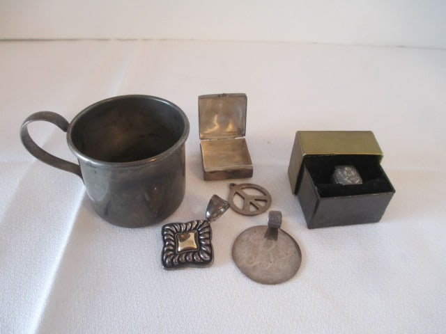 Sterling Toddler Cup, Pill Box, Three Pendants and Signet Ring: 2.87 troy ounces total weight
