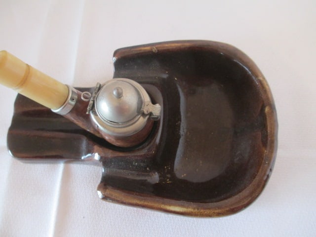 Vintage J.E. Bruyere Burlwood Pipe with Pewter Lid and Pottery Pipe Stand - 2