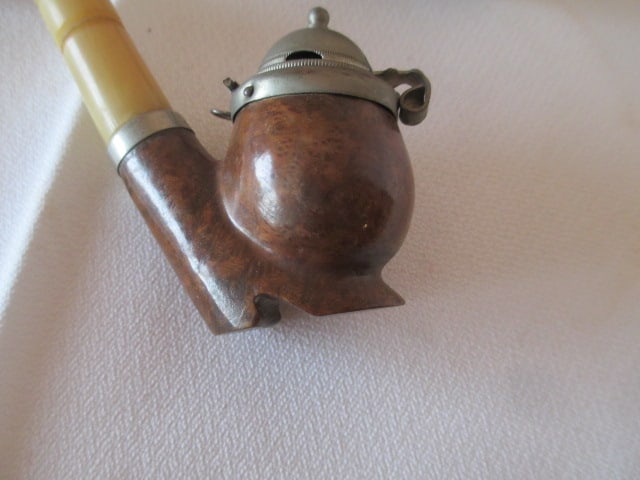 Vintage J.E. Bruyere Burlwood Pipe with Pewter Lid and Pottery Pipe Stand - 5