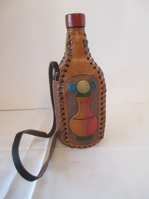 Leather Wrapped Tooled "Columbia" Souvenir Decanter: 9"h 