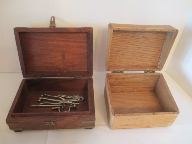 Vintage Oak Trinket Box and Solid Wood Box with Brass Accents and Miniature Tools: .