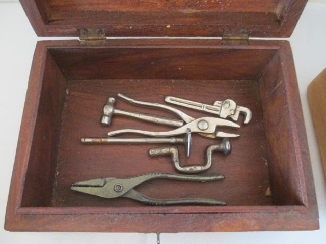 Vintage Oak Trinket Box and Solid Wood Box with Brass Accents and Miniature Tools - 2