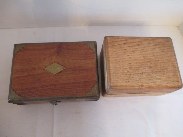 Vintage Oak Trinket Box and Solid Wood Box with Brass Accents and Miniature Tools - 4