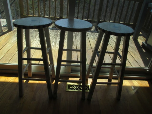 Painted White Stool and Pair of Handpainted "Pea Pod" Design Wood Stools: All 13"dia, 29"h, some paint peeling, Local Pickup Only 