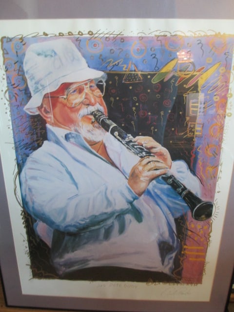 1993 Signed by Artist and Jazz Musician "Jus' Pete Baby" Jazz Lithograph by R. Thomas: Framed 28" x 35 1/4", signed by artist in marker and by musician in pencil in lower right corner, Local Pickup Only 