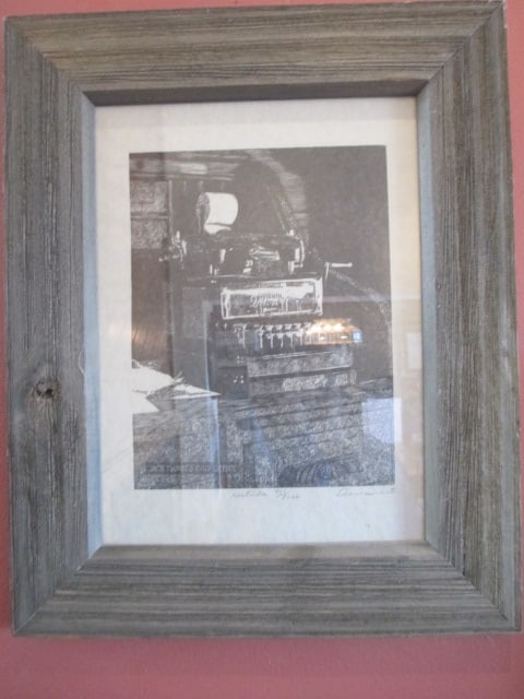 Limited Edition Screen Print "Jack Daniels' Old Office" in Reclaimed Wood Frame: Framed 14" x 17 1/4", pencil signed and No. 945/3000, signed Guest(?)-see pictures and preview for signature