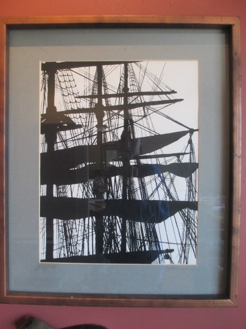 Framed and Matted 1970 Proof Block Print of Sailboat Rigging: 21" x 25", pencil signed by artist 