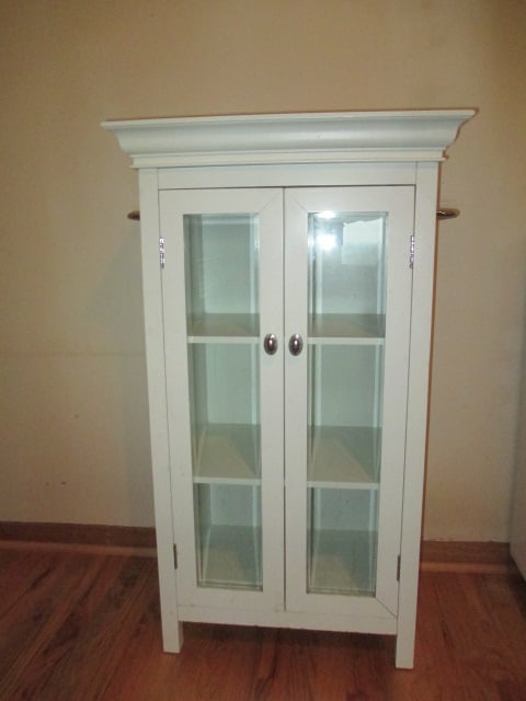 White Storage Cabinet with Beveled Glass Doors and Towel Bar Sides: 23 1/2" x 16" x 40 1/2", Local Pickup Only 