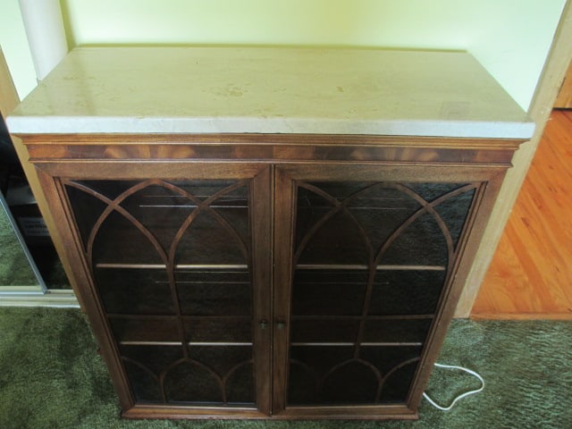 Mahogany Glass Door Display Cabinet: 35 1/4" x 13 1/2" x 39", plate groove glass shelves, composite marble top, few scuffs, Local Pickup Only 