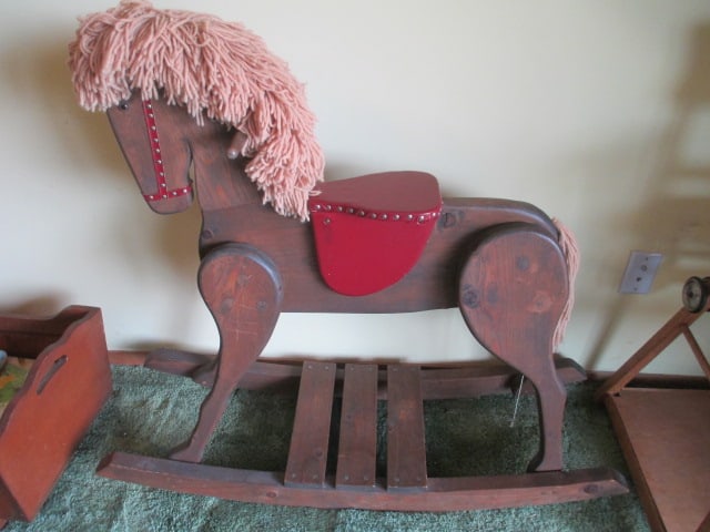 Large Handcrafted Solid Pine Rocking Horse with Yarn Main/Tail: 44" long, 27"h seat height, Local Pickup Only 