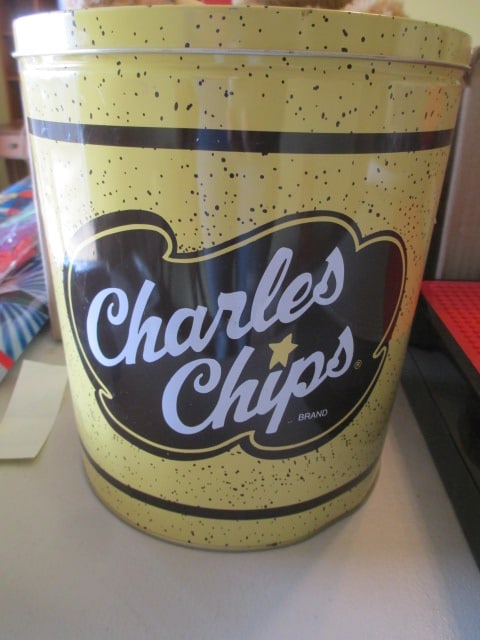 Old "Charles Chips" Potatoes Chip Tin Can: . 