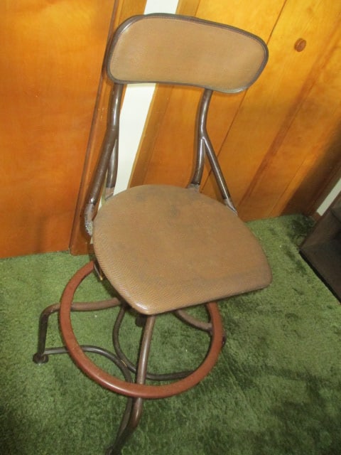 Midcentury Metal Swiveling Drafting/Task Chair: 18"dia, has wood rail, Local Pickup Only 