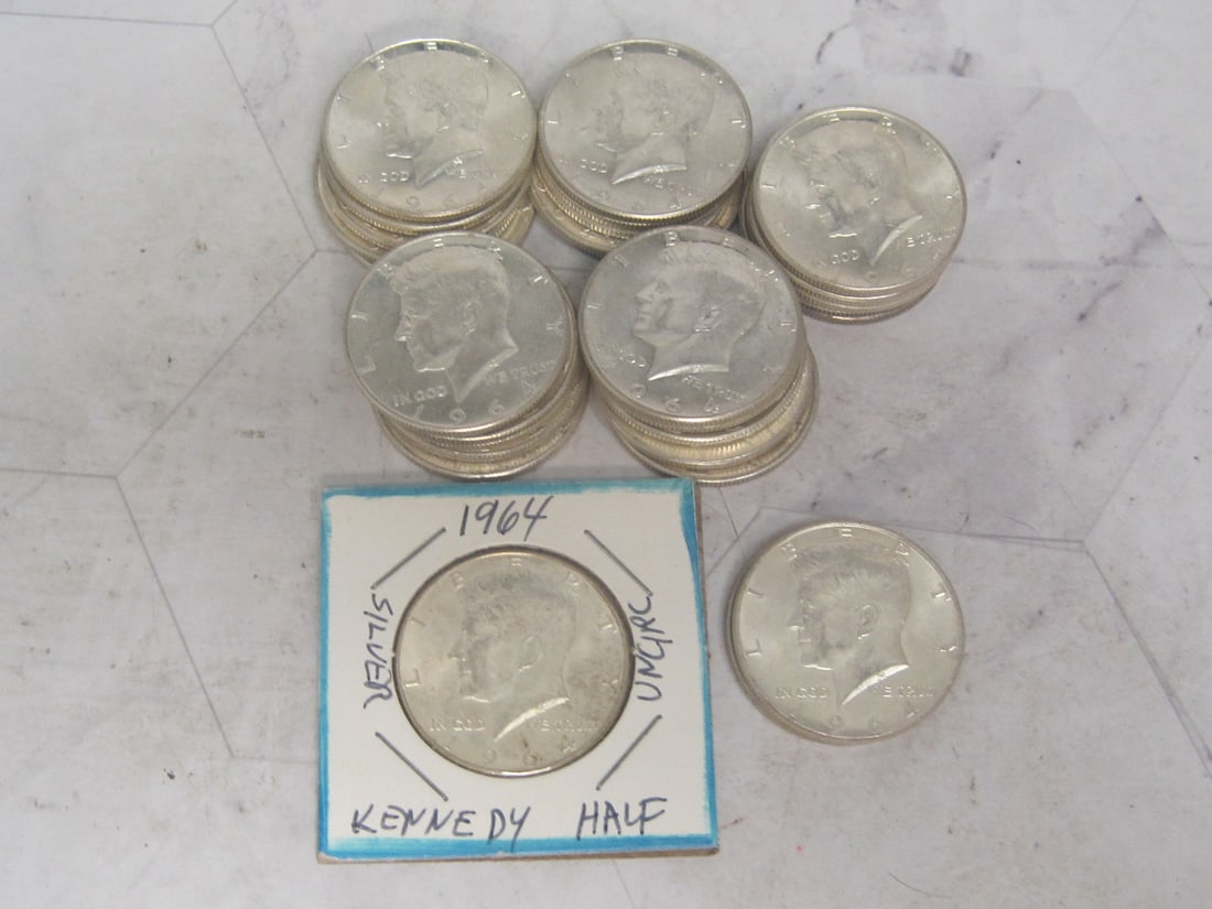 Lot of 28 1964 Kennedy Half Dollars: 90% Silver 