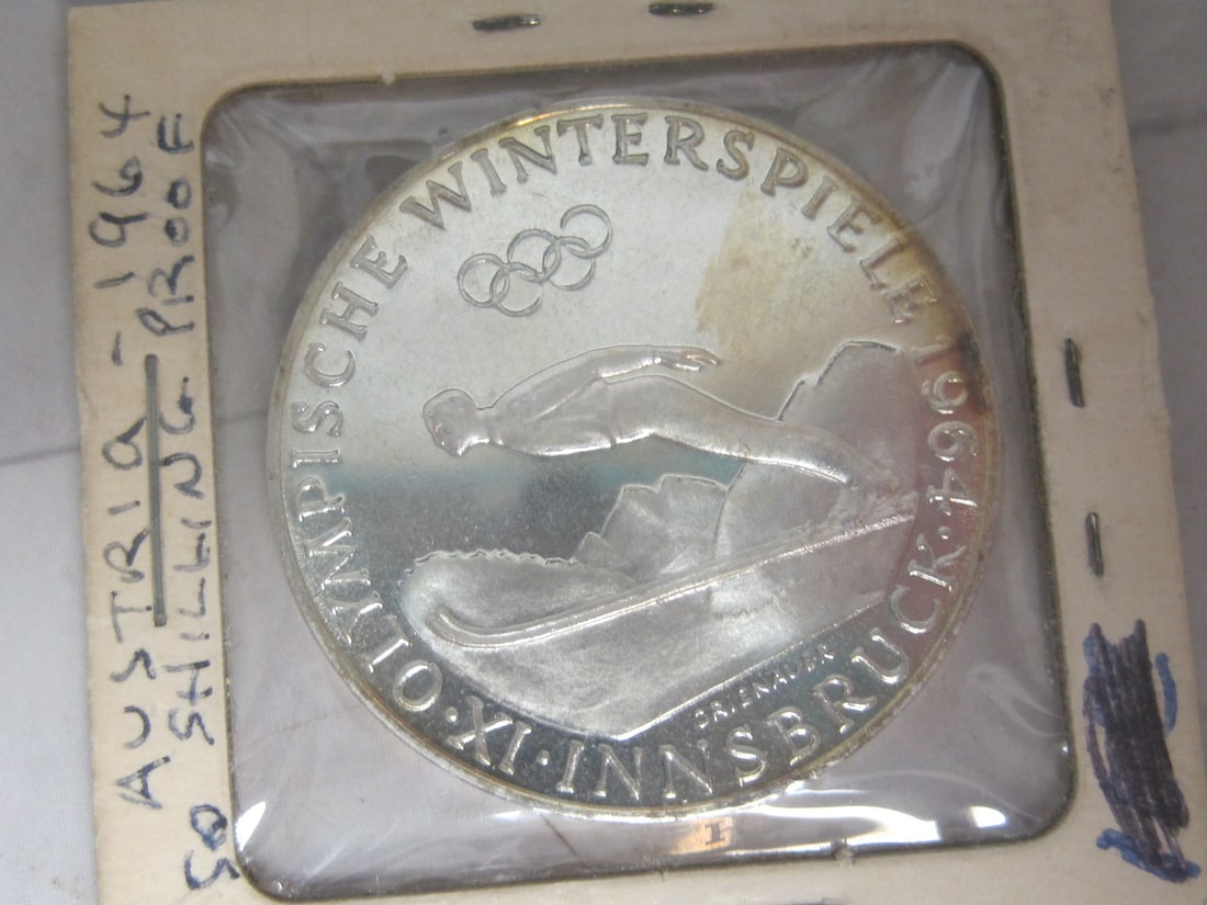 1964 Austria 50 Schilling Olympic Proof Silver Coin: Weighs 20 grams, 90% silver