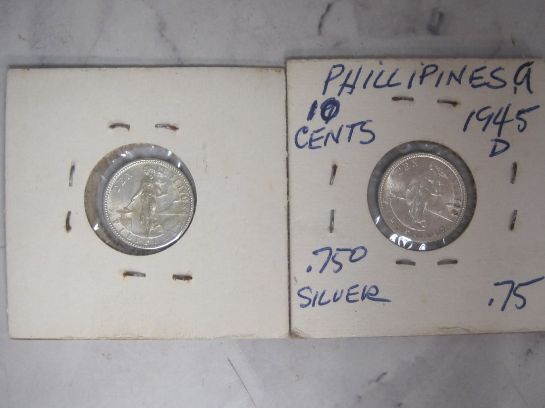 1944-D & 1945-D Philippines Ten Cent Coins: Weigh 2 grams each, 75% silver 