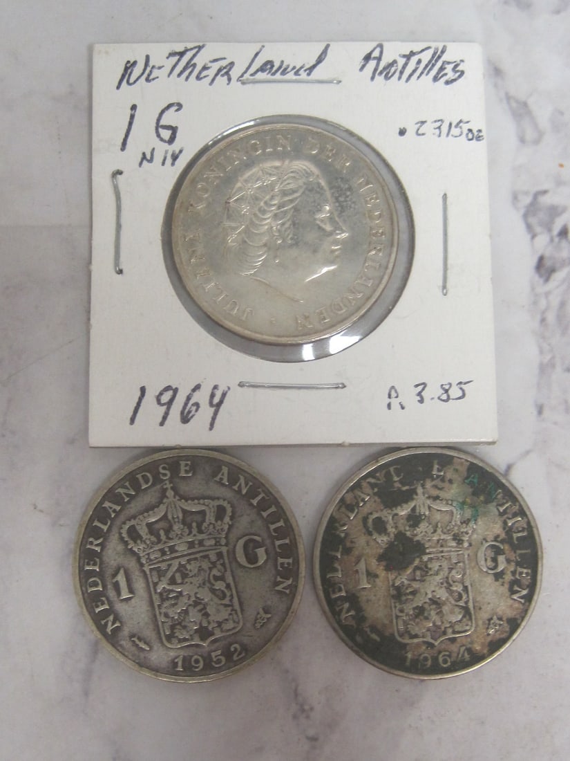 Lot of 3 Gulden-Juliana Coins: Weigh 10 grams each, 72% silver. 1952 & 1964 (2) 