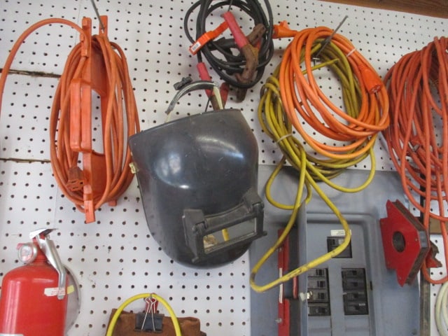 Wall Lot of Drop Chords, Welding Helmet, Water Dispenser - 4