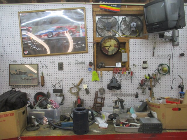 Wall Lot of Sprayer, Hand Tools, TV/VCR Wall Unit, Oil Can, Fasteners - 2