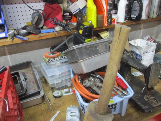 Wall Lot of Meat Grinder, Singer Sewing Machine, Fasteners, Bins, Solvents Cleaners Wax - 10