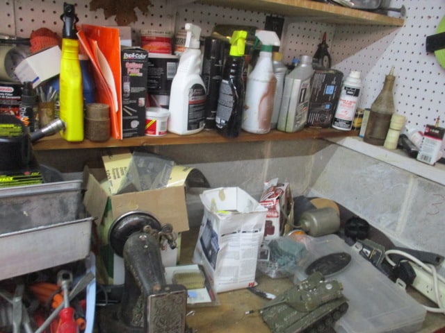Wall Lot of Meat Grinder, Singer Sewing Machine, Fasteners, Bins, Solvents Cleaners Wax - 11