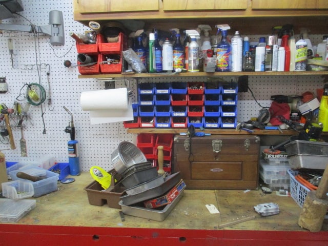 Wall Lot of Meat Grinder, Singer Sewing Machine, Fasteners, Bins, Solvents Cleaners Wax - 2