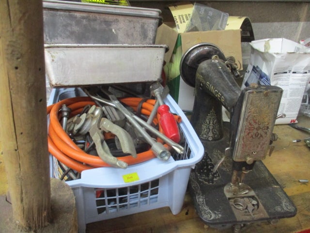 Wall Lot of Meat Grinder, Singer Sewing Machine, Fasteners, Bins, Solvents Cleaners Wax - 4