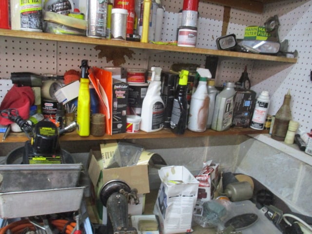 Wall Lot of Meat Grinder, Singer Sewing Machine, Fasteners, Bins, Solvents Cleaners Wax - 5