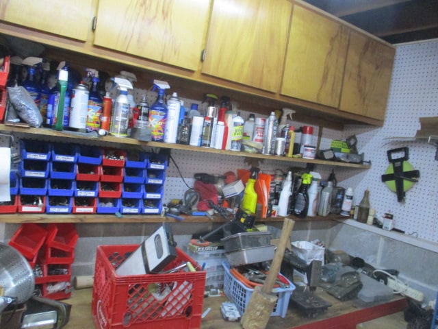 Wall Lot of Meat Grinder, Singer Sewing Machine, Fasteners, Bins, Solvents Cleaners Wax - 6