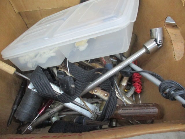 Wall Lot of Meat Grinder, Singer Sewing Machine, Fasteners, Bins, Solvents Cleaners Wax - 7