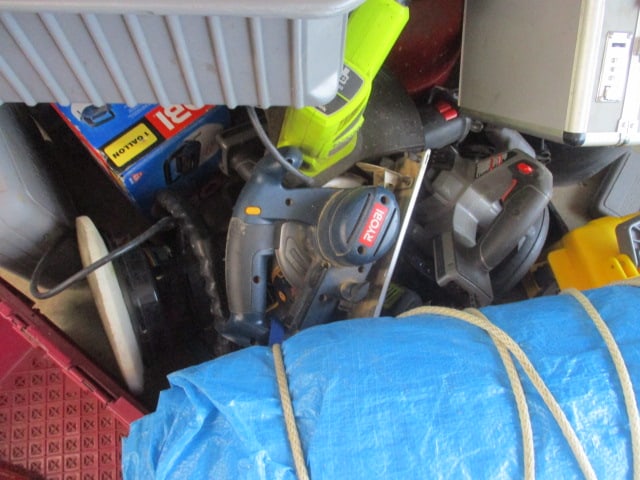 Cabinet Lot of Skilsaws, Ryobi Weedeater, Paint, Ratchet Straps, & More - 2