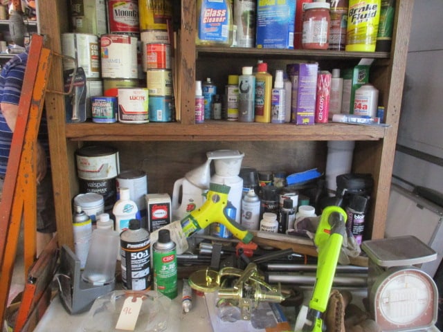 Cabinet Lot of Skilsaws, Ryobi Weedeater, Paint, Ratchet Straps, & More - 3