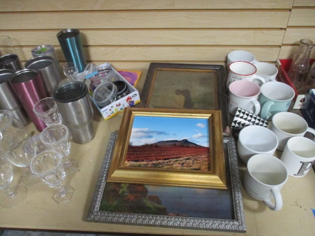 Table Lot-Prints, Coffee Mugs, Stemware, Vases, etc.: . 