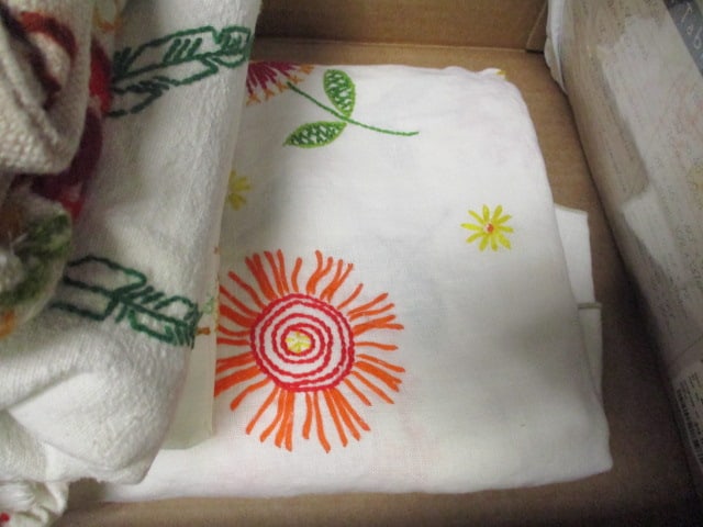 5 Embroidered Tablecloths, Deluxe Vinyl Table Pad (70" Round) & - 3