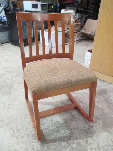 Slat Back Rocker with Upholstered Seat: 21"w, needs spot cleaning, some scratches and finish wear, Local Pickup Only 