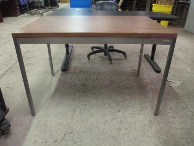 Steelcase Worktable with Metal Frame: Wood grain laminate top has a few small chips on edges and is missing some edge bands, Local Pickup Only 