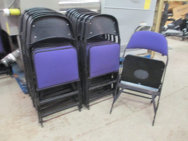 20 Clarin Black Metal Interlocking Folding Chairs with Purple Upholstered Seat/Backs: 18"w, some spots, representational photos-preview for individual lot conditions, Local Pickup Only 