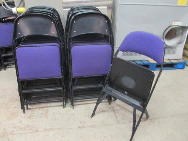 20 Clarin Black Metal Interlocking Folding Chairs with Purple Upholstered Seat/Backs: 18"w, some spots, representational photos-preview for individual lot conditions, Local Pickup Only 