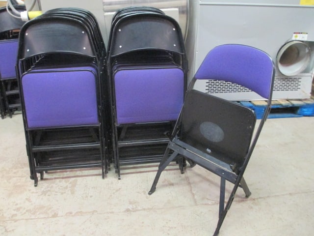 20 Clarin Black Metal Interlocking Folding Chairs with Purple Upholstered Seat/Backs: 18"w, some spots, representational photos-preview for individual lot conditions, Local Pickup Only 