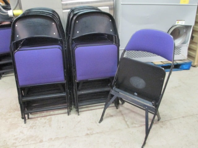 20 Clarin Black Metal Interlocking Folding Chairs with Purple Upholstered Seat/Backs: 18"w, some spots, representational photos-preview for individual lot conditions, Local Pickup Only 