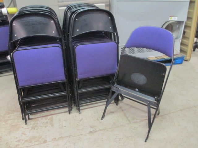 20 Clarin Black Metal Interlocking Folding Chairs with Purple Upholstered Seat/Backs: 18"w, some spots, representational photos-preview for individual lot conditions, Local Pickup Only