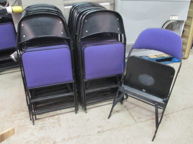 20 Clarin Black Metal Interlocking Folding Chairs with Purple Upholstered Seat/Backs: 18"w, some spots, representational photos-preview for individual lot conditions, Local Pickup Only 