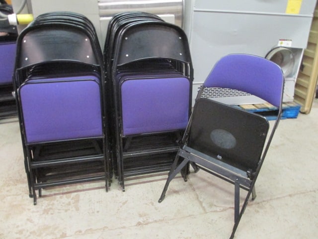 20 Clarin Black Metal Interlocking Folding Chairs with Purple Upholstered Seat/Backs: 18"w, some spots, representational photos-preview for individual lot conditions, Local Pickup Only 